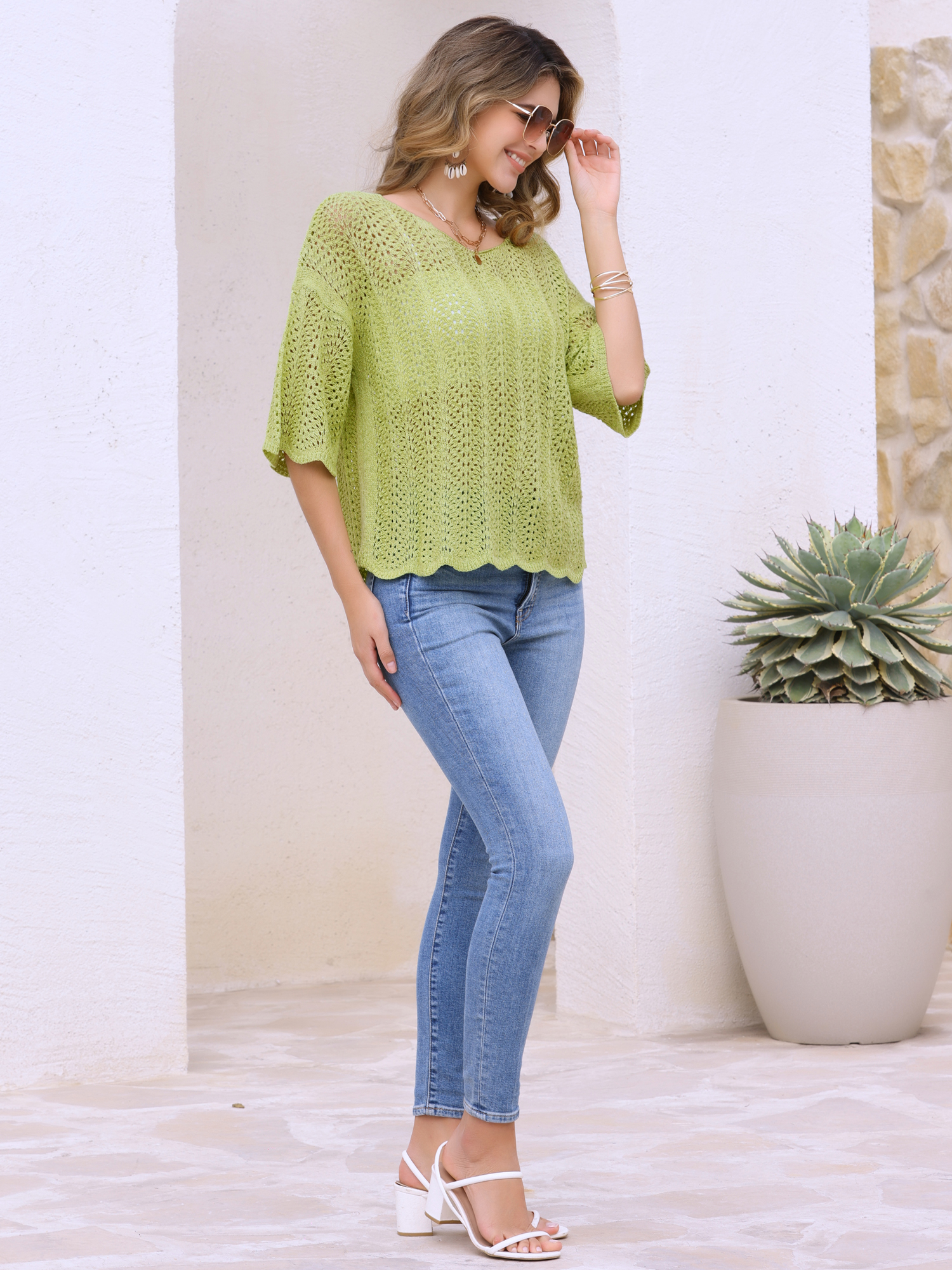 DARING DIVA Women's Crochet Hollow Out Knit Half Sleeve Cover Up Top L Mustard Green