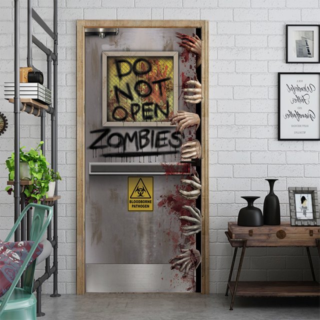 zombi de Halloween, 30 x 79 pulgadas, pegatina de papel pintado realista para puerta de mano de zombi aterrador para decoración de Halloween, fiesta, hogar, calcomanías extraíbles para pared