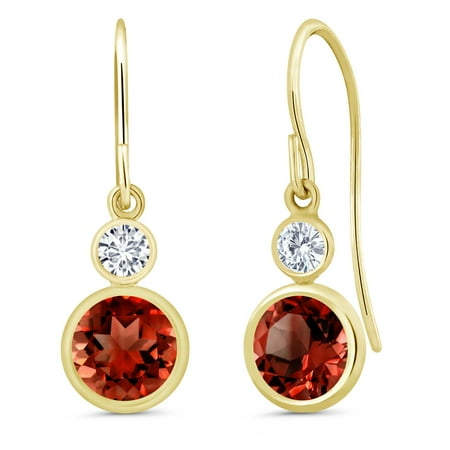 Gem Stone King 14K Yellow Gold Red Garnet and White Lab Grown Diamond Drop Dangle Earrings for Women (2.20 Cttw, Gemstone January Birthstone, Round 6MM and 3MM)