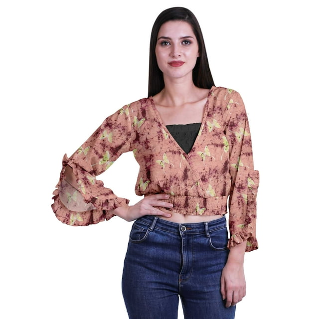 Moomaya Haut Court Imprimé pour Femmes Style Enveloppant Manches Longues à Volants Blouse d'Été Décontractée