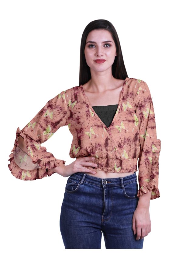 Printed Womens Crop Top Wrap Style Top Wear Ruffle Long Sleeve Casual Summer Blouse