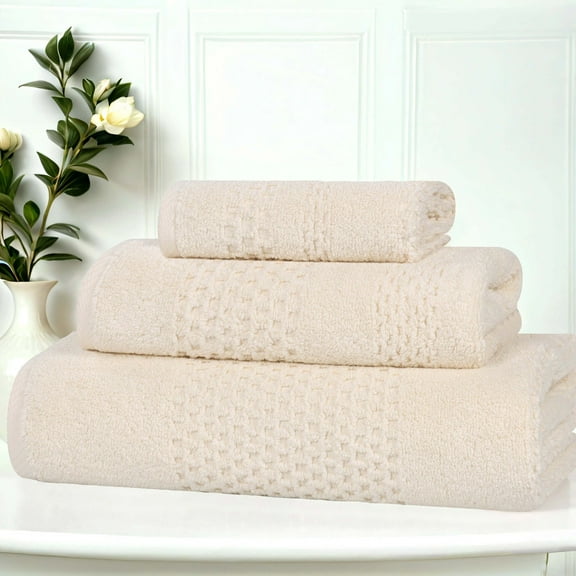 Superior Playa Zero Twist Cotton Solid Waffle Textured 3 Piece Towel Set, Ivory