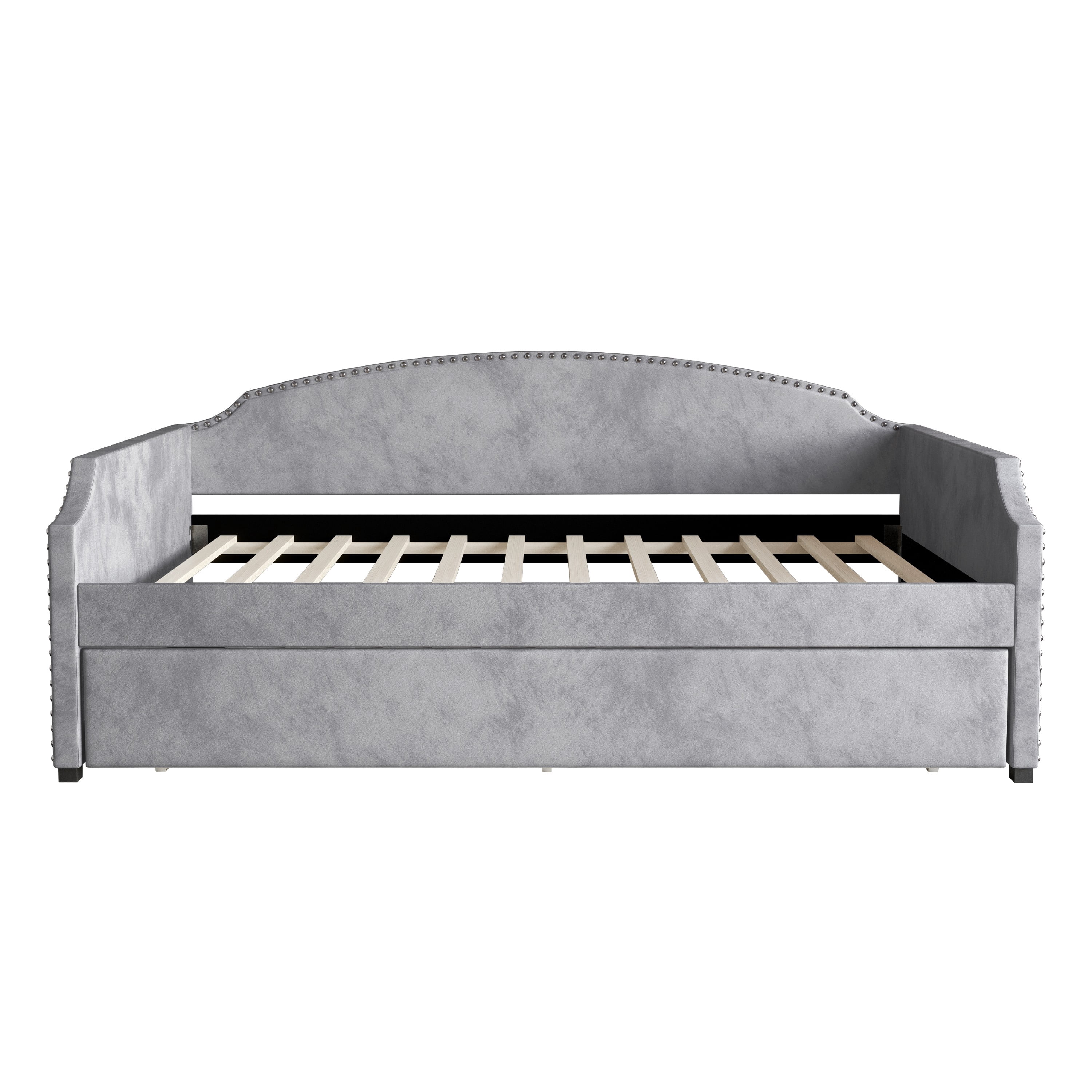 Home Design Kilgore Twin Daybed, Gray Velvet, Scooped Backrest, Chrome Nailhead Trim, Foam Padding, Pull-Out Trundle for Stylish Seating & Sleeping