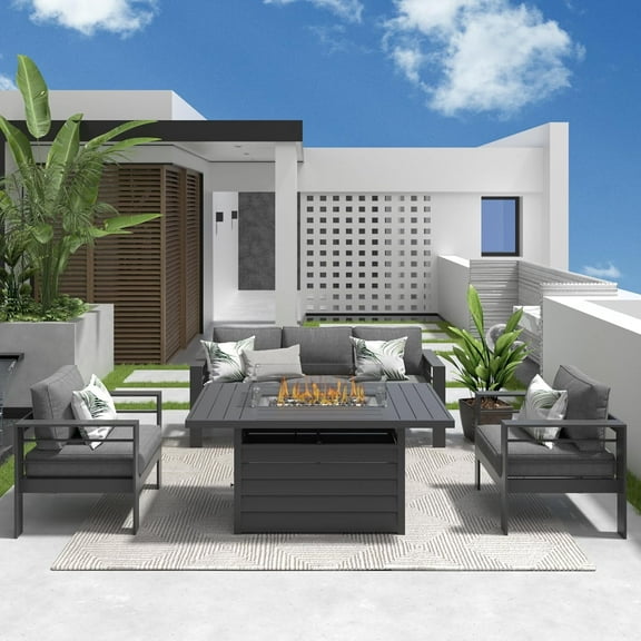 RoyalCarft Aluminum Patio Furniture Set with Fire Pit Table, 4 Piece Metal Outdoor Furniture with Water-Resistant Cushions, Modern Patio Conversation Set for Balcony, Front Porch, and Backyard, Grey