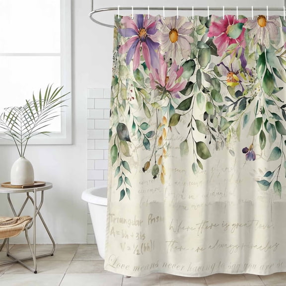 Eucalyptus Small Stall Shower Curtain, Waterproof Shower Curtains for Bathroom, Sage Green Botanical Leaf Pink Flower Farm Washable Fabric Cloth Bath Curtain for Bathtub with Hooks 36x72 Inches