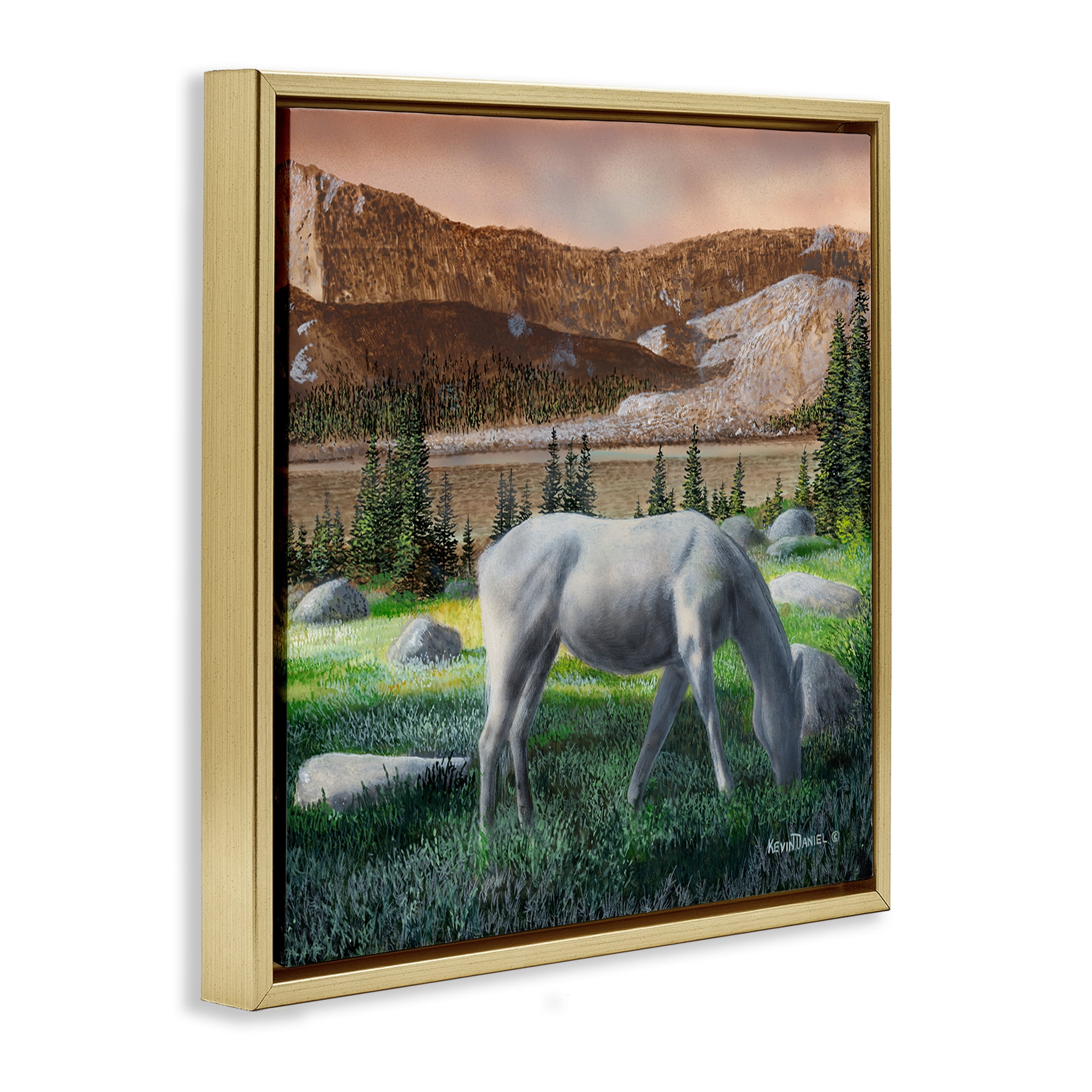 Stupell Industries Grazing Horses in Countryside Landscape & Nature Painting Gold Floater Framed Canvas Art Print Wall Art, 18 x 18