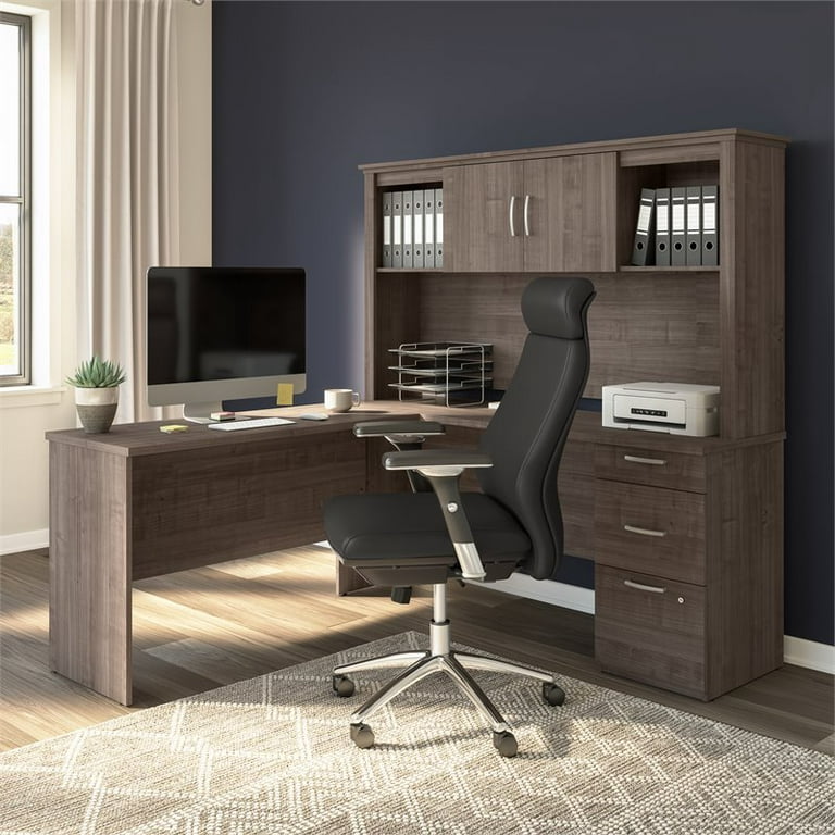 Bestar Logan 65W Computer Desk with Drawers in Medium Gray Maple