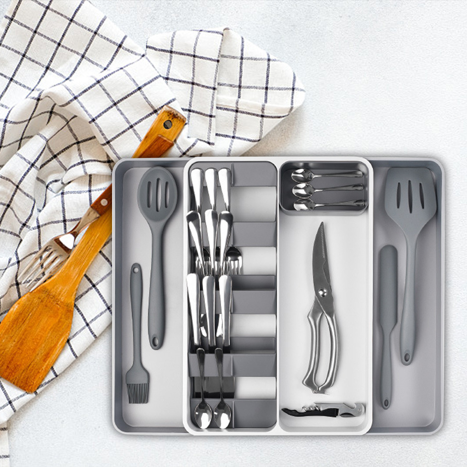 Expandable Silverware Drawer Organizer For Kitchen, Adjustable Cutlery Tray Storage For Fork Spoon Knife Utensils, Multi Purpose Drawer Organizer For Kitchen Desk Vanity Storage