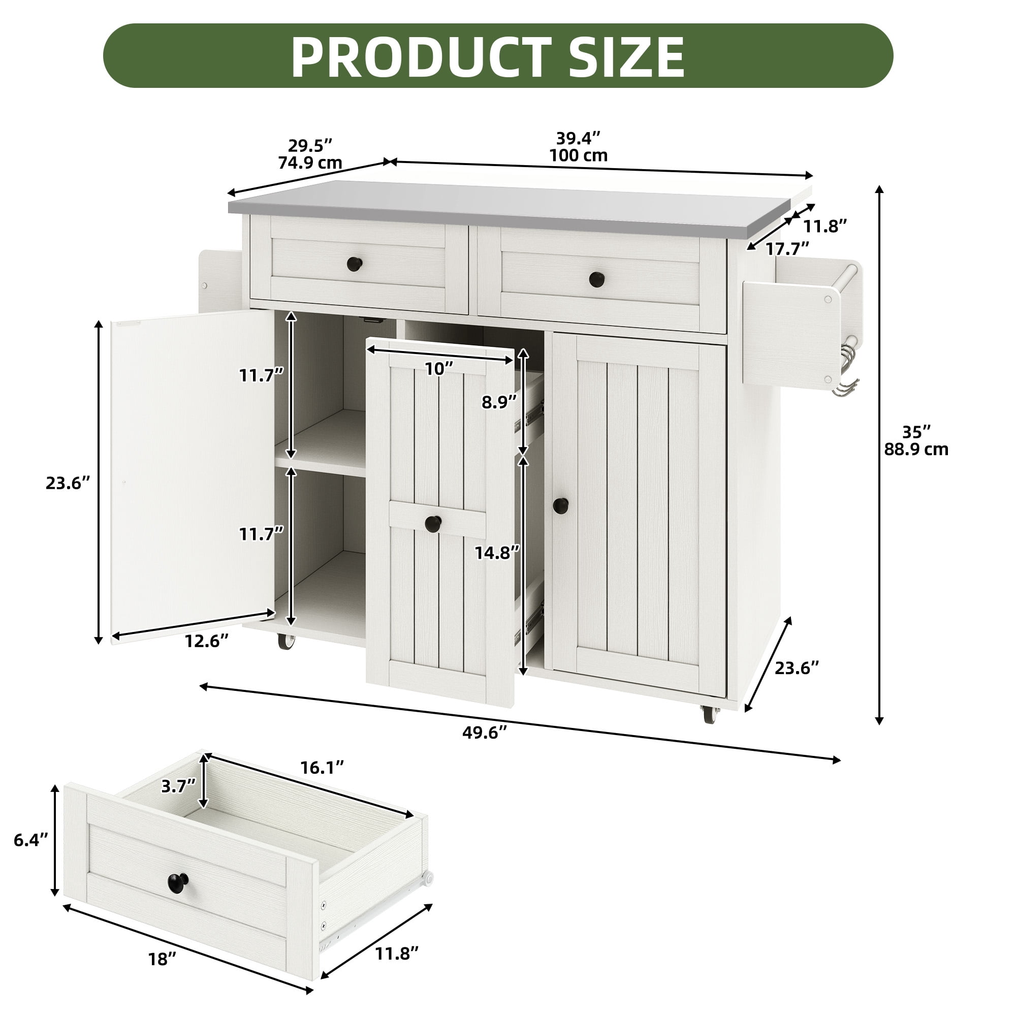Uforic Kitchen Island with Wheels & Storage, Kitchen Island Cart with Drop Leaf, White