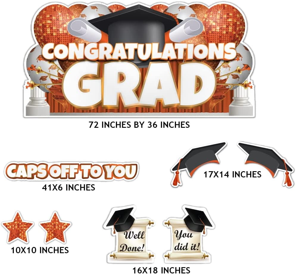 VictoryStore Oversized Orange Congratulations Grad, Caps Off To You EZ Yard Card Set, 8 Pieces