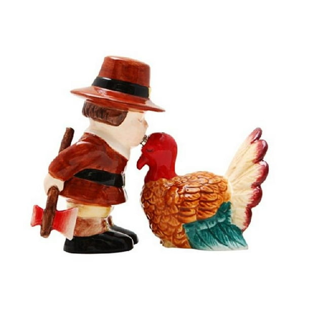 Turkey and Pilgrim Ceramic Thanksgiving Salt and Pepper