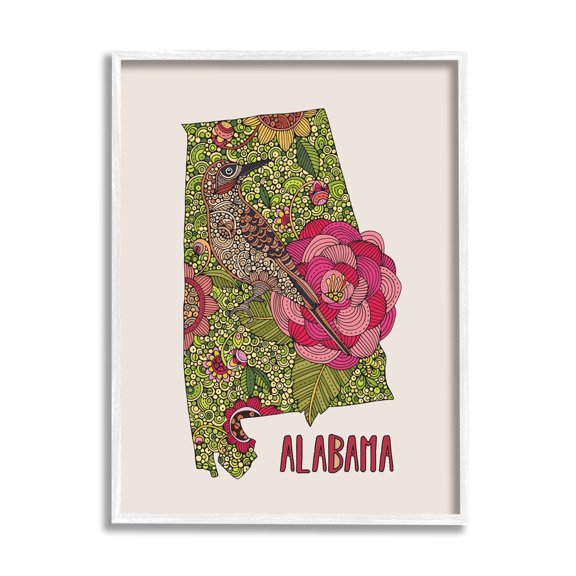 Stupell Industries Intricate Alabama Camellia Flower Bird Detailed Pattern Graphic Art White Framed Art Print Wall Art, Design by Valentina Harper