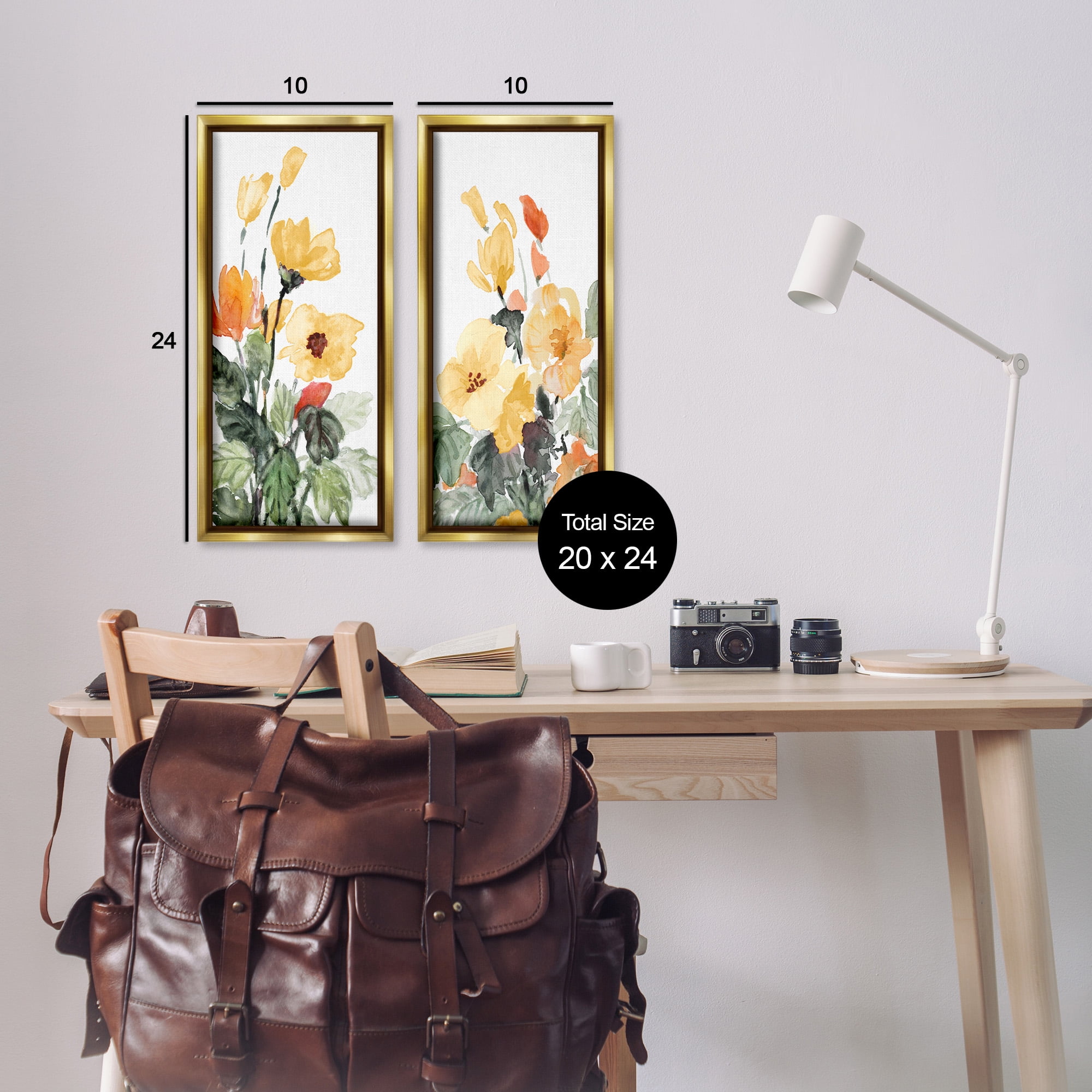 Stupell Industries Yellow Spring Flowers Botanical & Floral Painting Gold Floater Framed Canvas Art Print Wall Art, 11 x 25, Set of 2