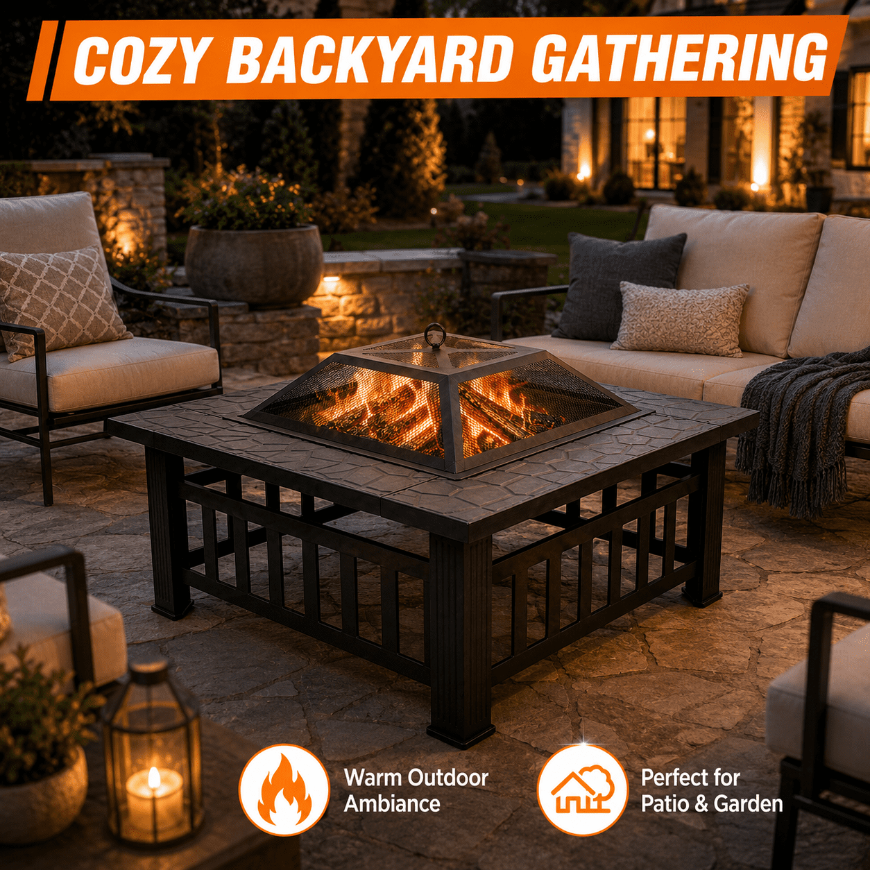 32'' Wood Burning Fire Pit, Outdoor Metal Fire Pit Table with Mesh Screen Lid & Poker, Stone Pattern Patio Fireplace for Backyard, Garden, BBQ, Heating, Square