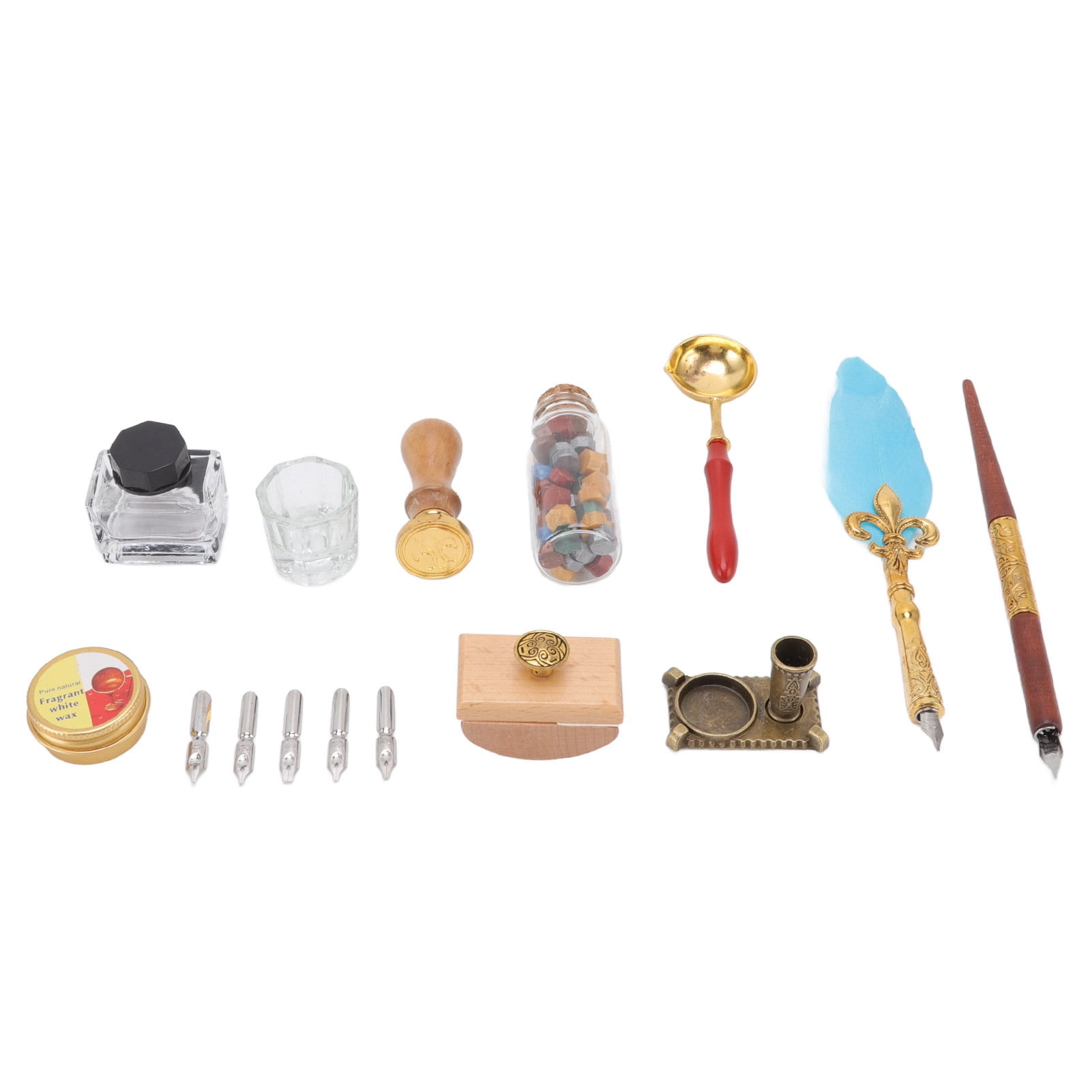 YAHHU European Style Feather Pen Set, Vintage Calligraphy Quill Pen Set with Blotter Stamp, Melting Wax Spoon, and 5 Replaceable Nibs for Art and Gifting (11.42 inches / 29.00 cm)