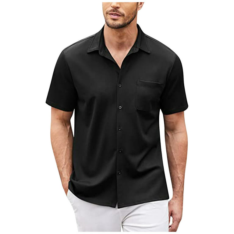 KaLI_store Workout Tops Mens Short Sleeve Button Up Shirts Linen Summer  Beach Casual Collared V Neck Loose Fit Fishing Shirts Black,3XL 