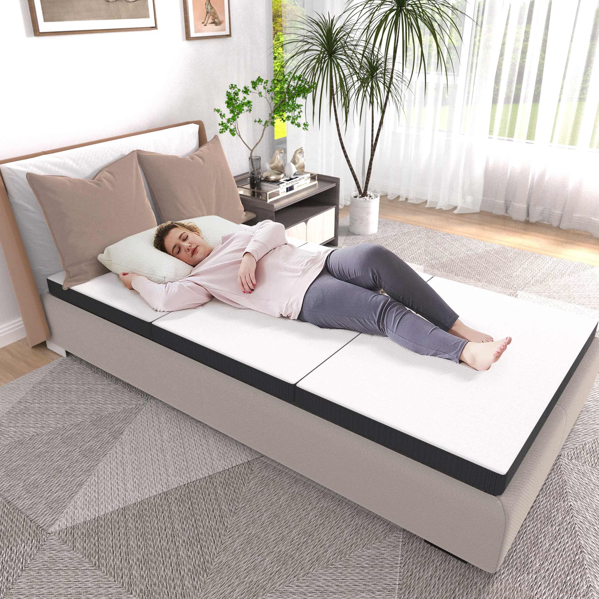 YRLLENSDAN 3 inch Folding Mattress Tri Fold Memory Foam Mattress Topper Portable Foldable Mattress Topper with Washable Cover Non-Slip Bottom for Camping Guest Floor RV, Twin