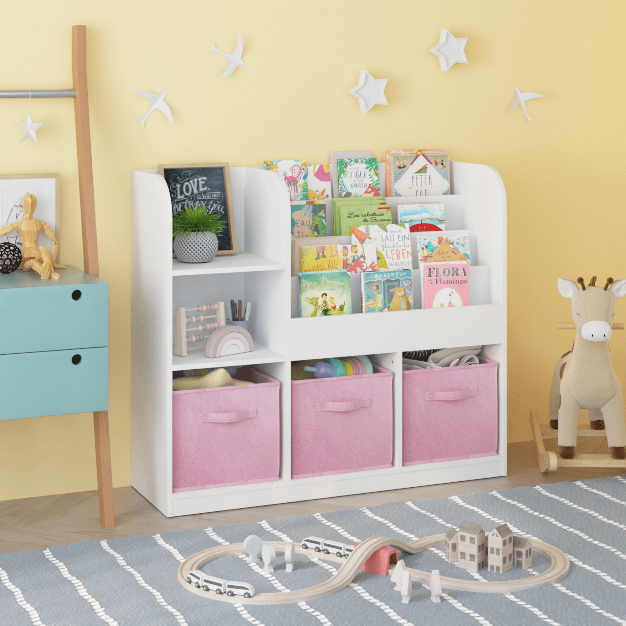 Kids Bookcase and Bookshelf, Multifunctional Bookcase with 3 Collapsible Fabric Drawers, Bookcase Display Stand, Toy Storage Organizer for Bedroom, Playroom, Hallway (White/Pink)