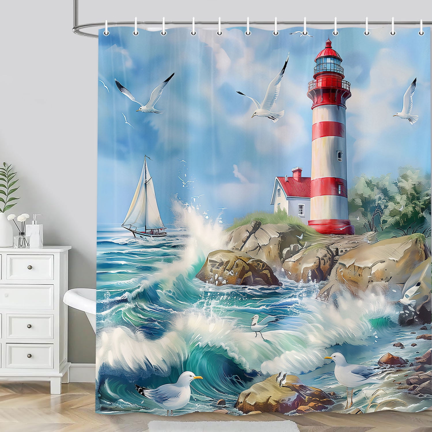 Lighthouse Shower Curtain,Ocean Wave Beach Seagull Shower Curtain for Bathroom Decor,Nautical Sailboat Blue Sky Lighthouse Cottage Bath Curtains,Washable Fabric Bathroom Decor with Hooks 70X70in