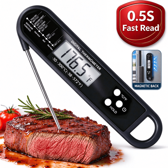 Alifecxwwy Digital Meat Thermometer, Food Thermometer 0.5-Second Fast Read with Large Display and Magnetic Back, Kitchen Tool for Cooking, Grill, BBQ, Baking and Candy, Black