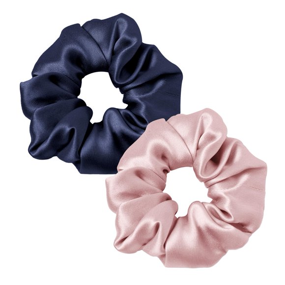 LILYSILK 100% Pure Silk Scrunchies Hair Elastic for Women Girls Hair Ties Ponytail Holder No Crease Gentle for Hair 2PC, Navy Blue+Rosy Pink