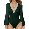 thumbnail image 2 of SNOWSONG Clearance! Womens Bodysuit, Womens Deep V Mesh Neck Bodysuit Long Sleeve One Piece Swimsuit, Plus Size Bodysuit, Sexy One Piece Swimsuit, Shirts for Women 1x One Piece Swimsuit Green L, 2 of 3