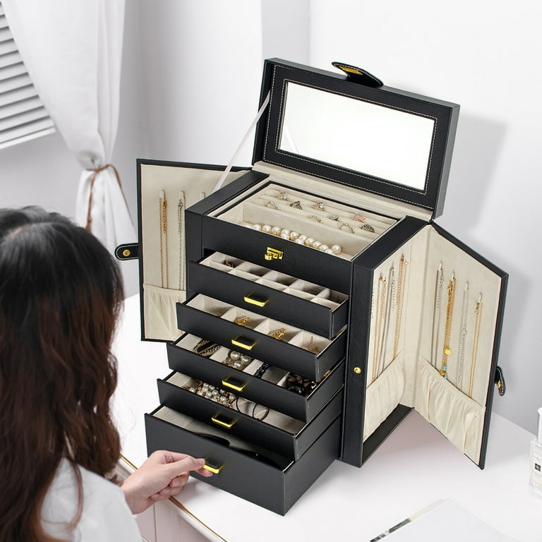 AKOZLIN Large Jewelry Box Organizer Functional Lockable with Big Mirror,  Leather Jewelry Storage Case for Women Girls Ring Necklace Earring Bracelet