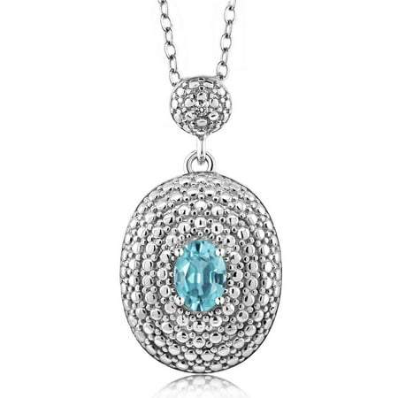 0.76 Ct Oval Blue Zircon White Diamond Rhodium Plated Pendant