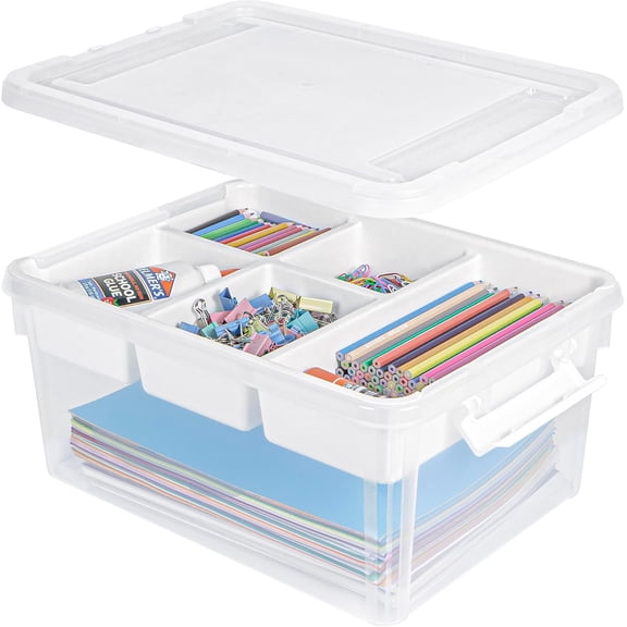 Creahaus 17 Quart Plastic Storage Box with Removable Tray Durable Craft Organizers and Stackable Container for Organizing Bead, Art, Sewing, Playdoh (Clear)