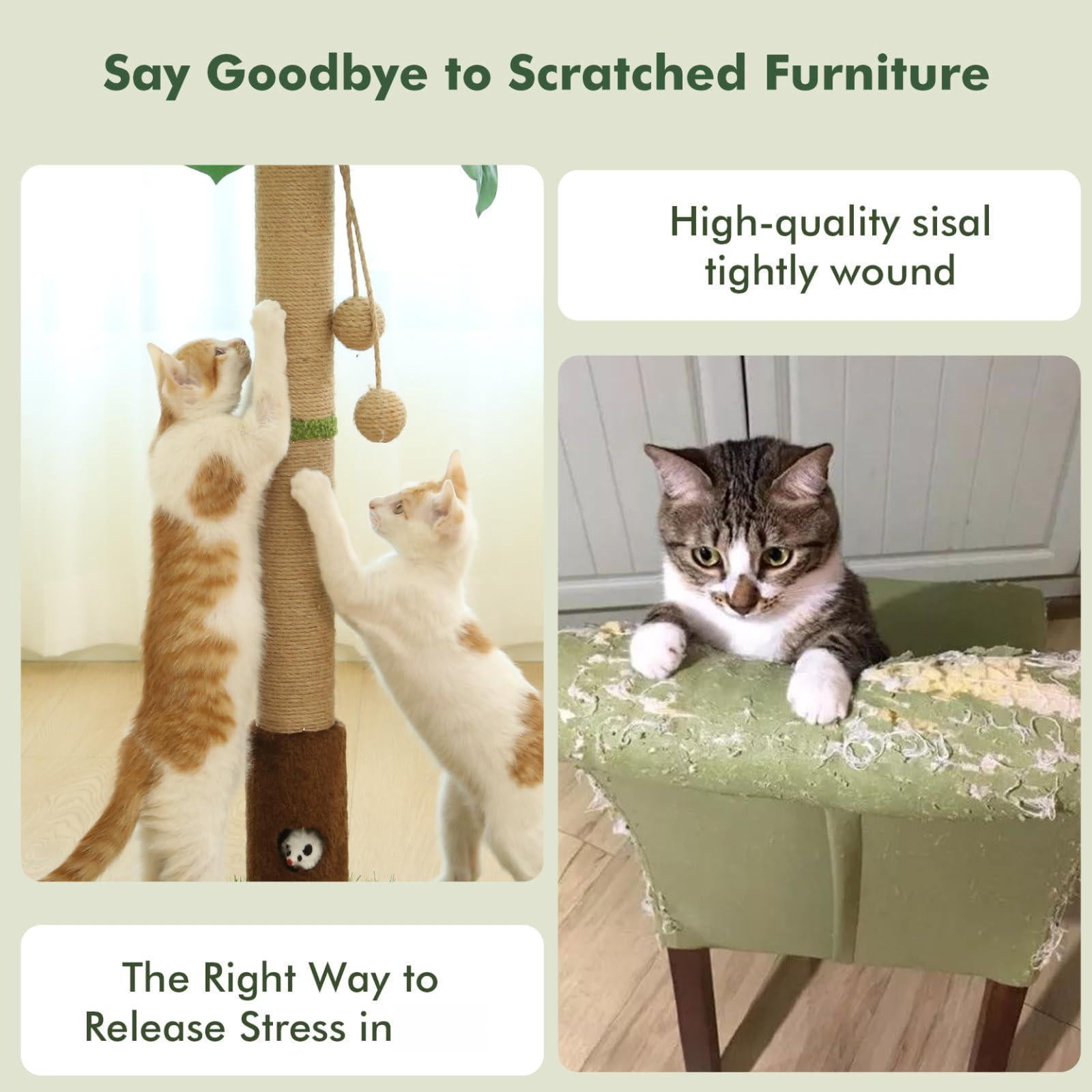 Cat Scratching Post Tall Scratcher Tree Tower For Indoor Cats With Toy Mouse Hole And Interactive Wooden Ball