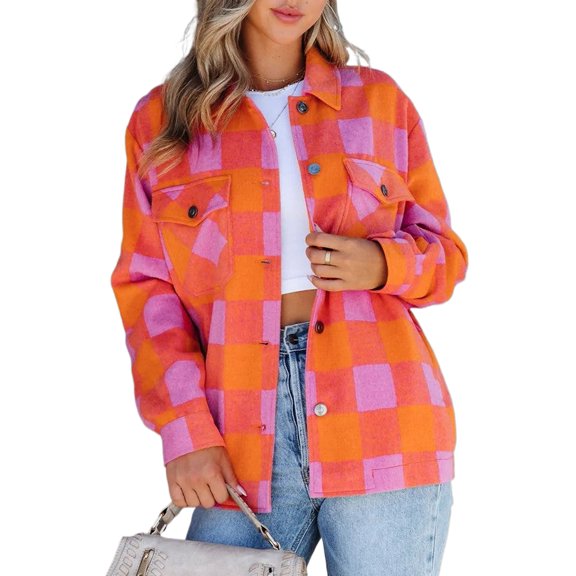 Women's Orange Plaid Chest Pocket Button-up Turn Down Collar Jacket - [ZhiHiMeRi] | (US 12-14)L