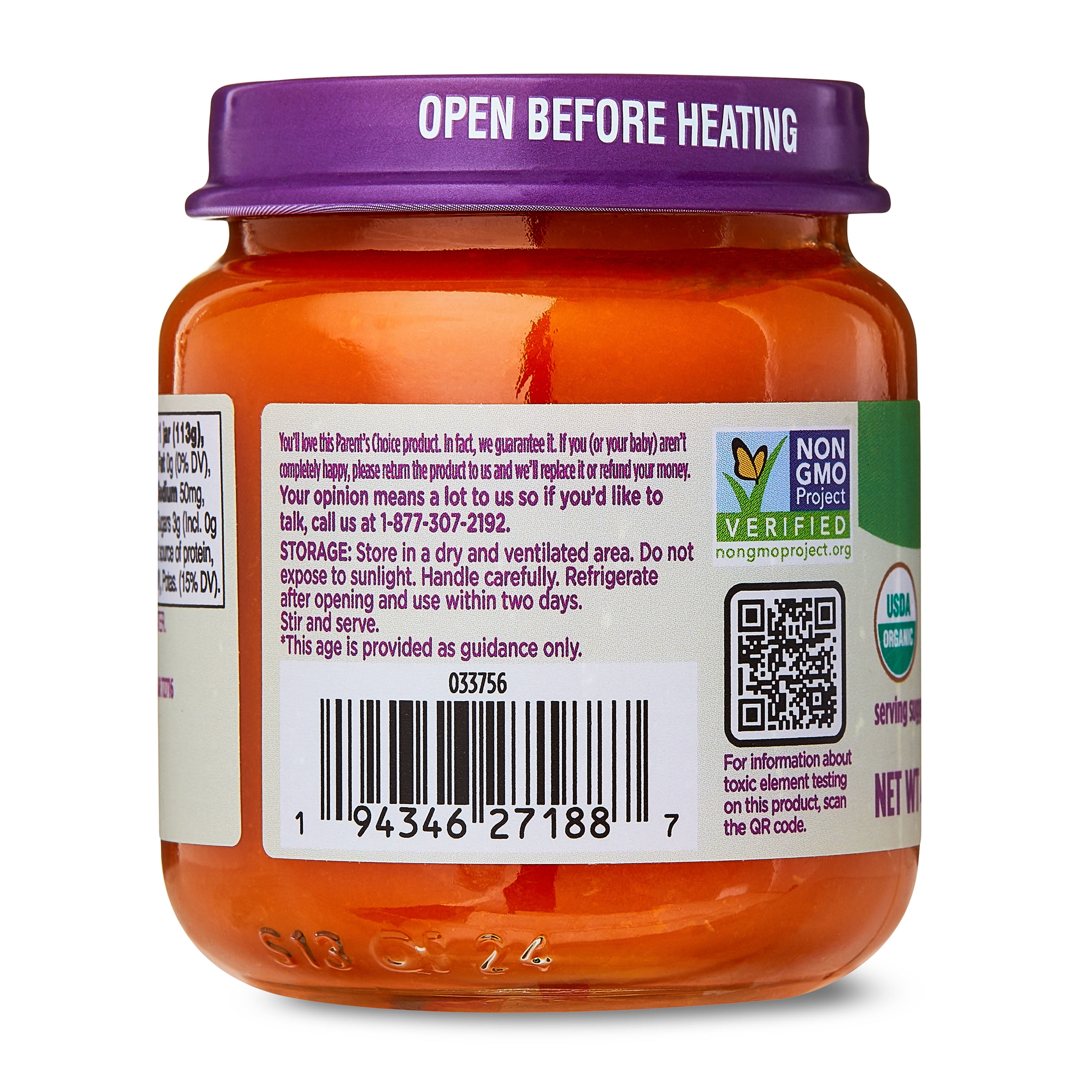 (12 pack) Parent's Choice Organic Stage 1 Baby Food Carrot Puree, 4 oz Jar