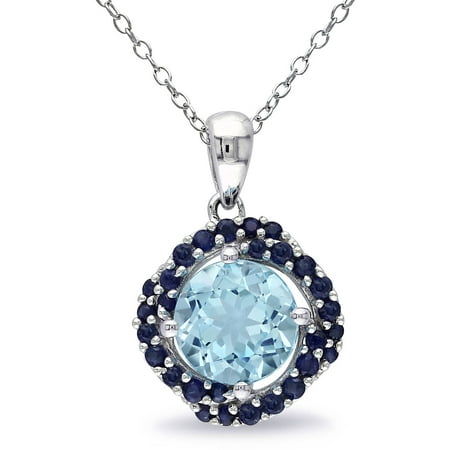 Tangelo 2-4/5 Carat T.G.W. Blue Topaz and Sapphire Sterling Silver Halo Pendant, 18