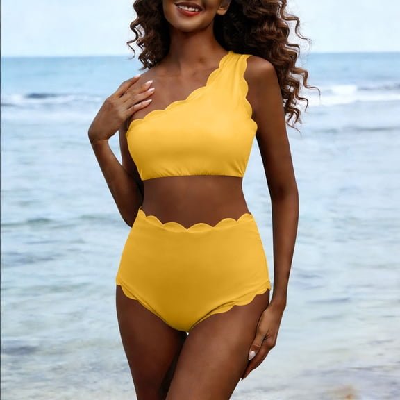 LEKWK High Waisted Bikini Sets for Women Two Piece One Shoulder Scalloped Trim Bathing Suits Tummy Control Cute Summer Resort Beach Outfits