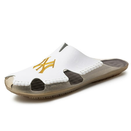 

Lopsie men s summer breathable leather Baotou sandals non slip sweat wicking white sandals US size 6.5