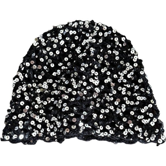 Byfri Sequin Crochet Skull Cap Hollow Out Summer Beanie Hat for Beach Parties Black 54-58cm
