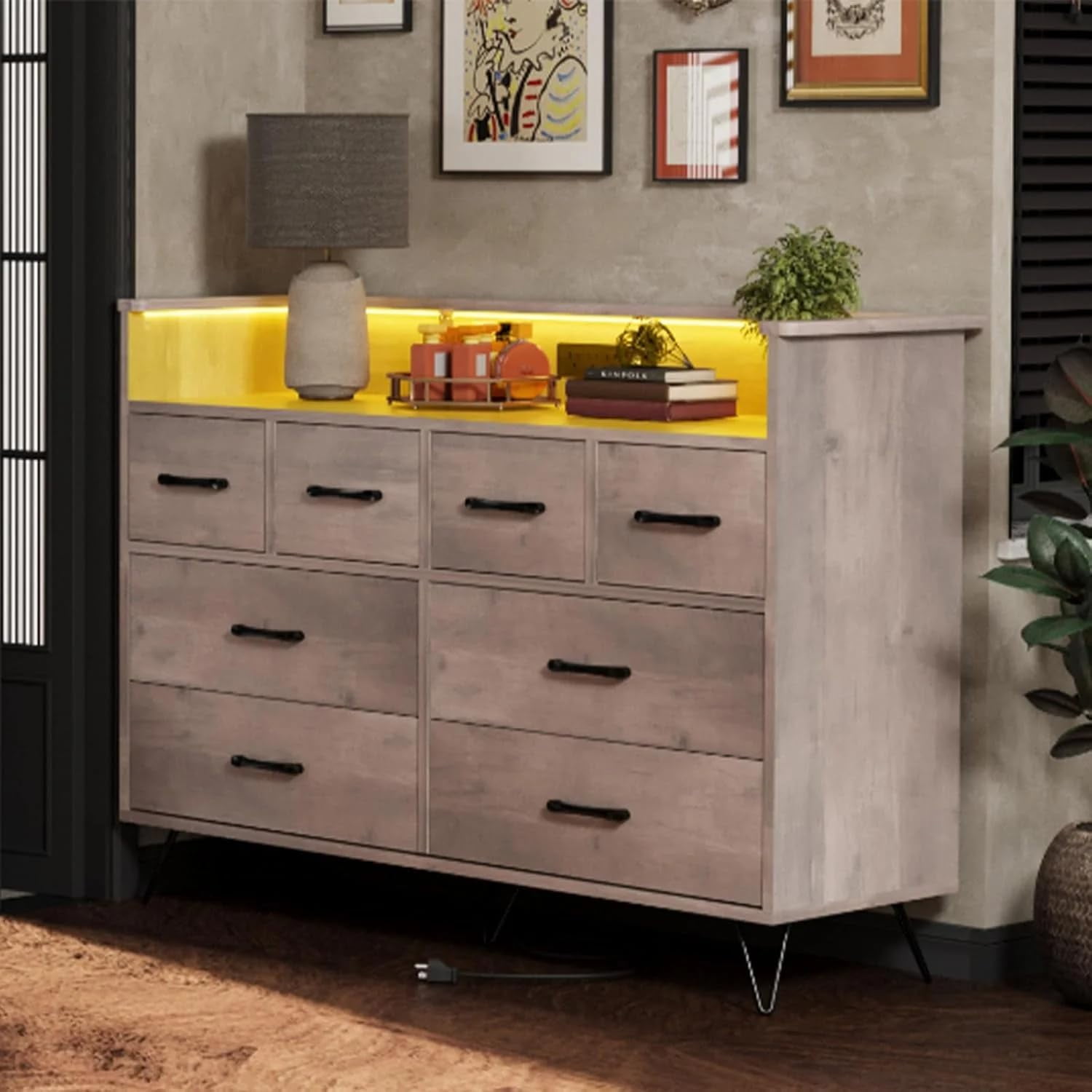 Homhougo Dresser TV Stand, Dresser for Bedroom With LED Light & Charging Station Entertainment Center With Storage 8 Drawers Wooden Dressers With Open Space Wide Drawers for Living Room, Light Brown