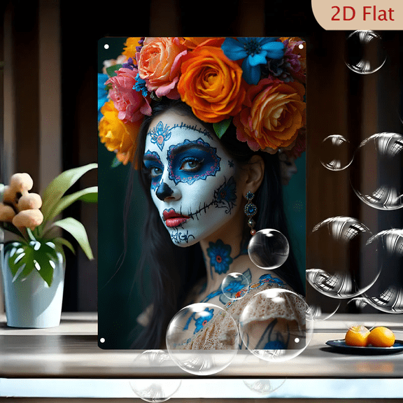 1pc Metal Wall Sign, 8x12 Inches, Day of the Dead Sugar Skull Flower Decorative Sign, Perfect for Home Decor, Halloween Celebration, Dia de los Muertos, Party Decor, Festival Decorations