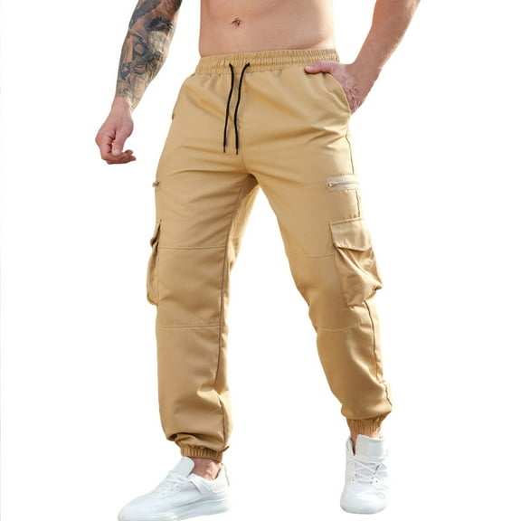 Fmbrln Mens Casual Cargo Pants Drawstring Elastic Waist Multi Pockets Work Pants Loose Comfy Solid Color Joggers Pants Lounge Outdoor Hiking Trousers Yellow XL