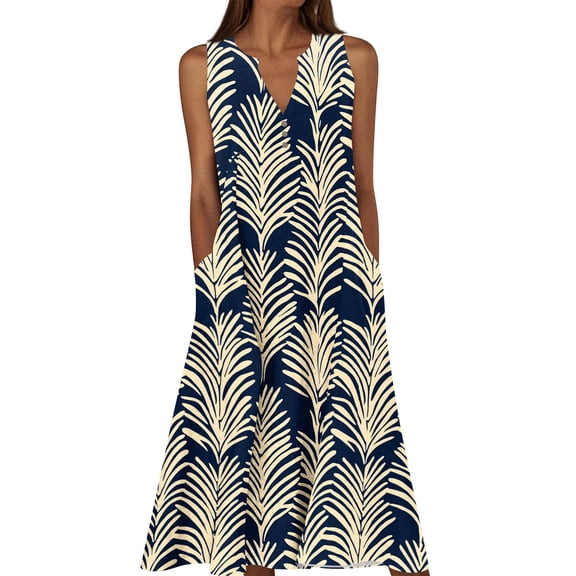 Edvintorg Plus Size Womens Clothing Beach Dress Vintage V-Neck Sleeveless Tank Sundress Summer Casual Loose Midi Dress with Pockets