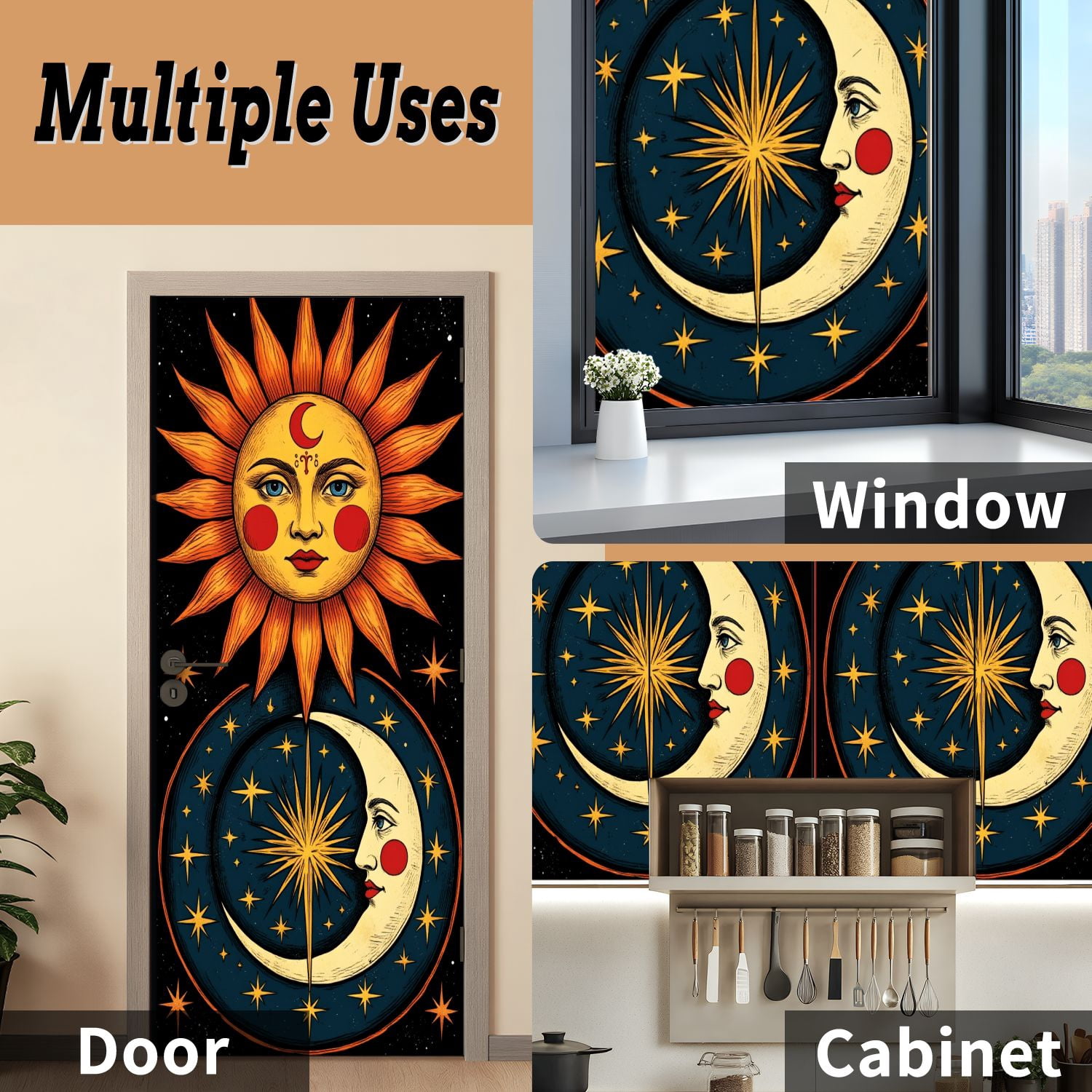 Self Adhesive Vinyl Refrigerator Wrap Set Celestial Sun Moon Stars Cosmic Elements Door Mural Removable Fridge Sticker Peel and Stick&nbsp;Full Door Cover Decal Kitchen Bar Decor