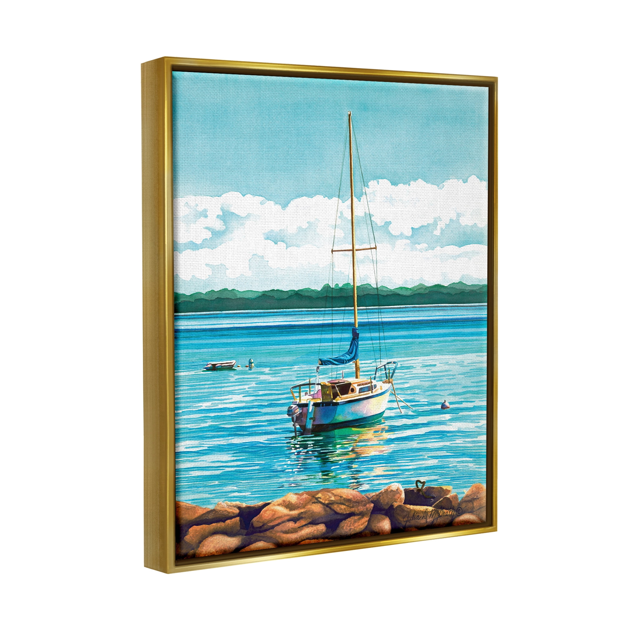 Stupell Industries Sailboat Rocky Shoreline Nature Painting Gold Floater Framed Art Print Wall Art, 25 x 31