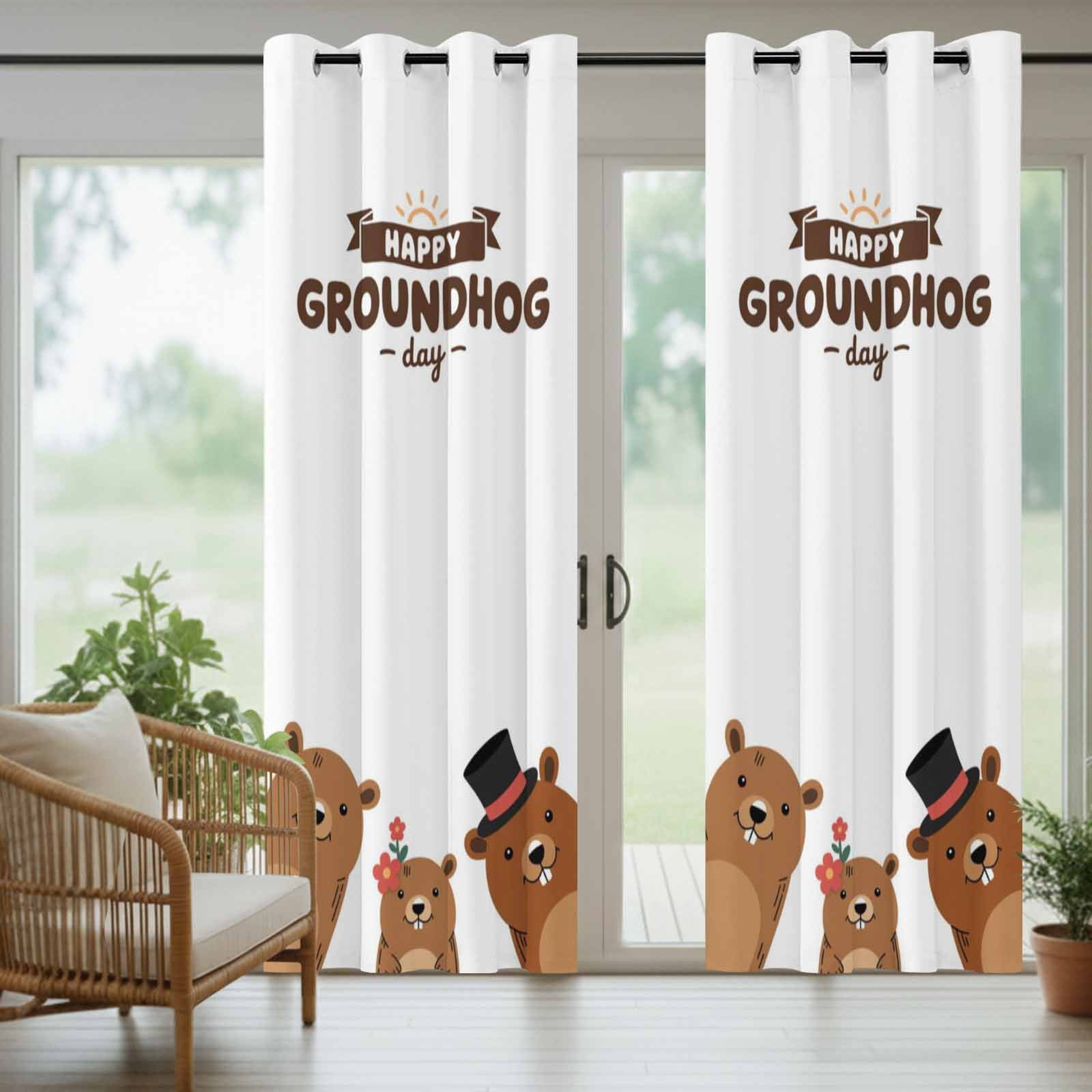 Outdoor Curtains for Patio Waterproof, Groundhog Day Outdoor Privacy Panels Grommet, Cartoon Funny Modern Farmhouse Country Cute Blackout Outside Curtains for Porch/Cabana 54"x108", 1 Panel