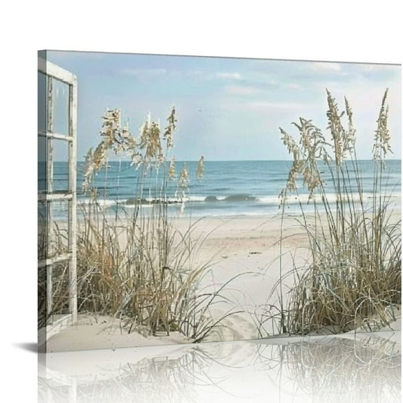 CANFLASHION Coastal Beach Picture Wall Art: Beach Theme Window Canvas Art Prints Seascape Artwork for Bedroom