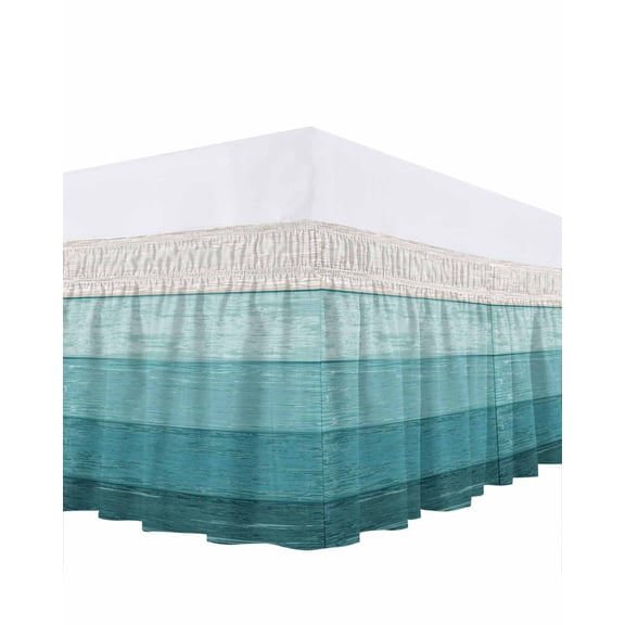 Rustic Stripes Bed Skirt Aqua Gradient Farmhouse Wood Grain Bed Skirts King Size 18 Inch Drop, Wrap Around Dust Ruffle Bedskirt with Adjustable Elastic Belt for Queen Size Beds