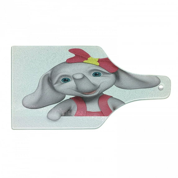 Animal Cartoon Cutting Board, Cheerful Girl Smiling 3D Style Happy Print, Decorative Tempered Glass Cutting and Serving Board, Wine Bottle Shape, Yellow Grey Pink, by Ambesonne