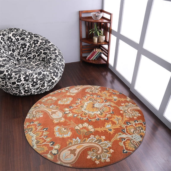 Rugsotic Carpets Hand Tufted Wool Eco-Friendly 8'x8' Area Rugs Round Orange Floral Modern High Pile Thick Handmade Anti Skid Indoor Rug for Living Room, Bedroom K00151