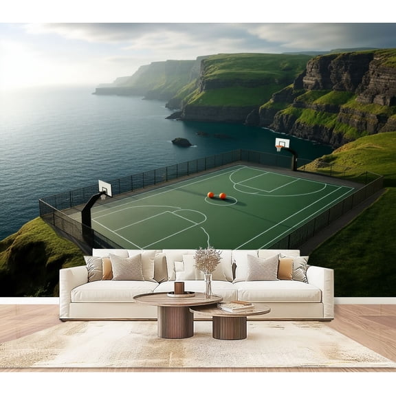 Basketball Wallpaper Basketball Court Overlooking Cliffs Peel and Stick Wall Murals 100"H x 144"W Removable PVC Wall Paper Self-Adhesive Wall Paintings Art Decor for Bedroom Living Room