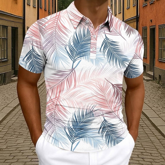 COSFO Hawaiian Polo T Shirts for Men Mesh Short Sleeve Work Shirt Slim Fit Casual Collared Summer Pullover Tops