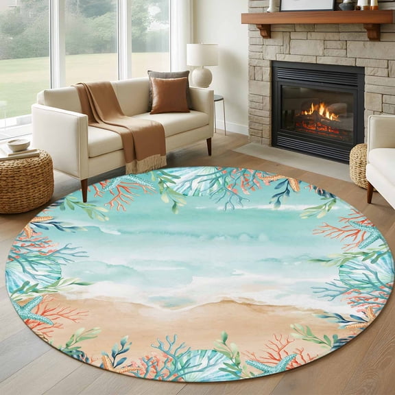 Ocean Coastal Round Area Rug 6Ft Washable Circle Rugs for Bathroom Office, Summer Nautical Beach Coral Starfish Non-Slip Carpet Floor Mats Indoor Outdoor Carpet Runner Aesthetic Home Decor